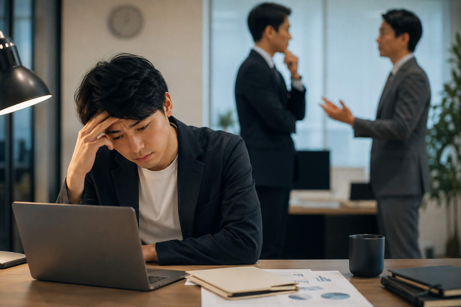 上司との仕事の進め方が合わず、デスクで悩む会社員