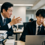 「昔はもっと大変だった」と語る上司の横で、うんざりした表情を見せる若手社員