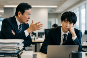 「昔はもっと大変だった」と語る上司の横で、うんざりした表情を見せる若手社員