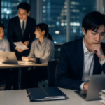 夜遅くまでオフィスで働き続ける若手社員と、その後ろで仕事を続ける同僚たち