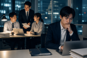 夜遅くまでオフィスで働き続ける若手社員と、その後ろで仕事を続ける同僚たち