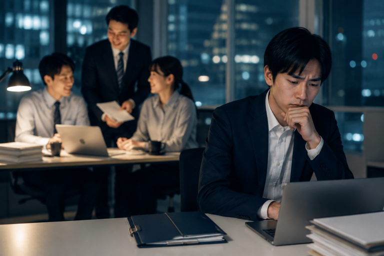 夜遅くまでオフィスで働き続ける若手社員と、その後ろで仕事を続ける同僚たち