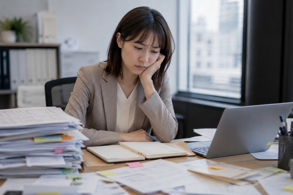 仕事の優先順位に悩み、書類やノートを前に考え込む会社員