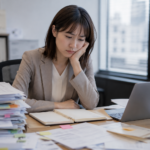 仕事の優先順位に悩み、書類やノートを前に考え込む会社員