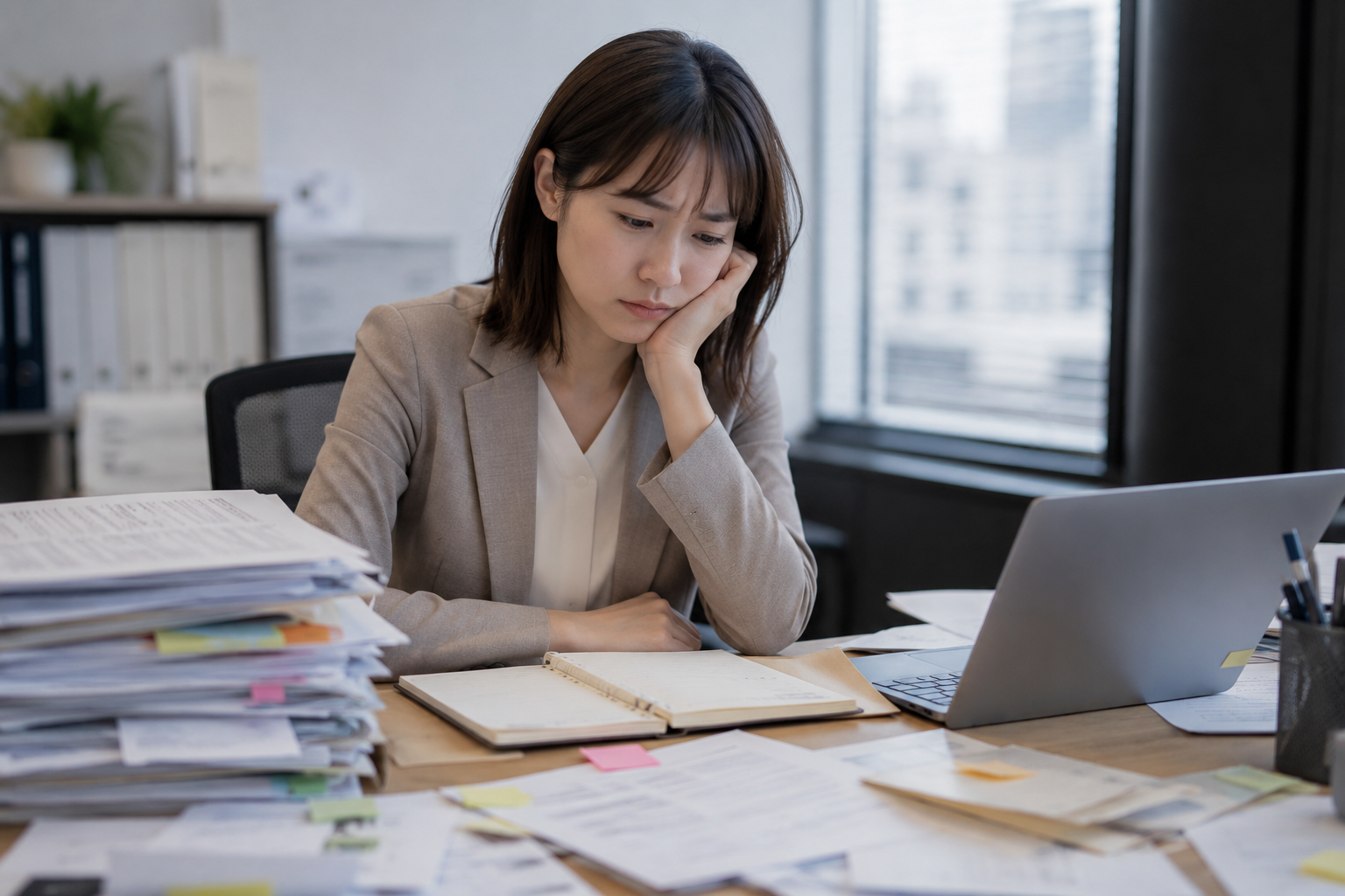 仕事の優先順位に悩み、書類やノートを前に考え込む会社員