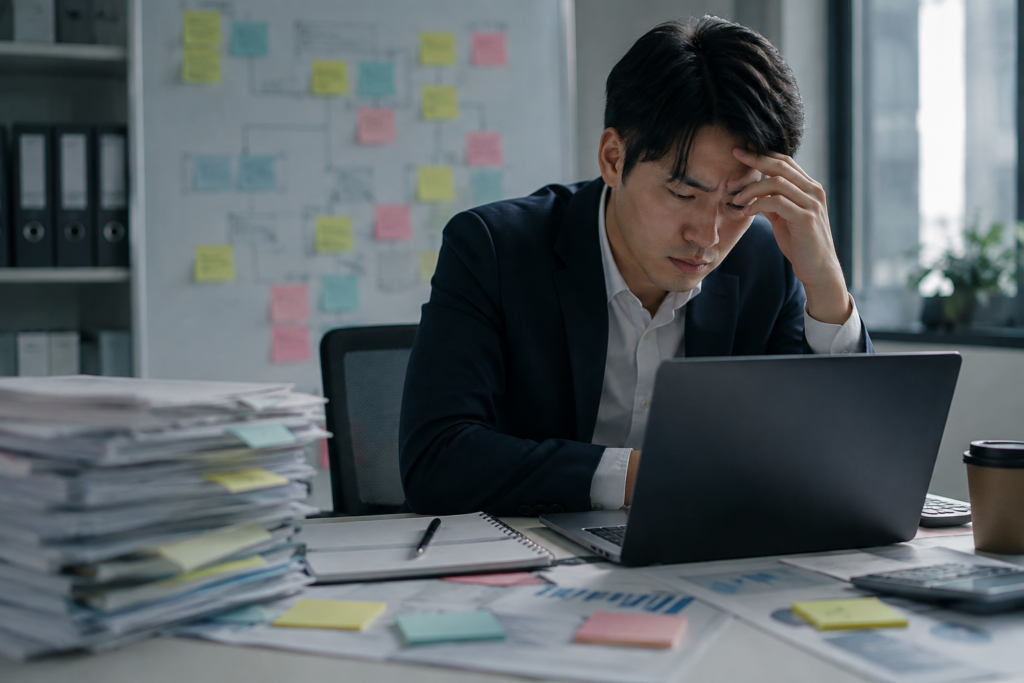 締切前の仕事に追われ、資料や付箋に囲まれてパソコン作業をする会社員