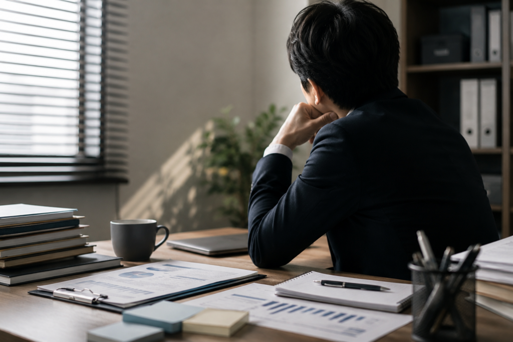 仕事を一人で抱え込み、周囲に相談できず悩む会社員
