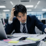 仕事が忙しすぎて、書類やタスクに追われながら頭を抱える会社員