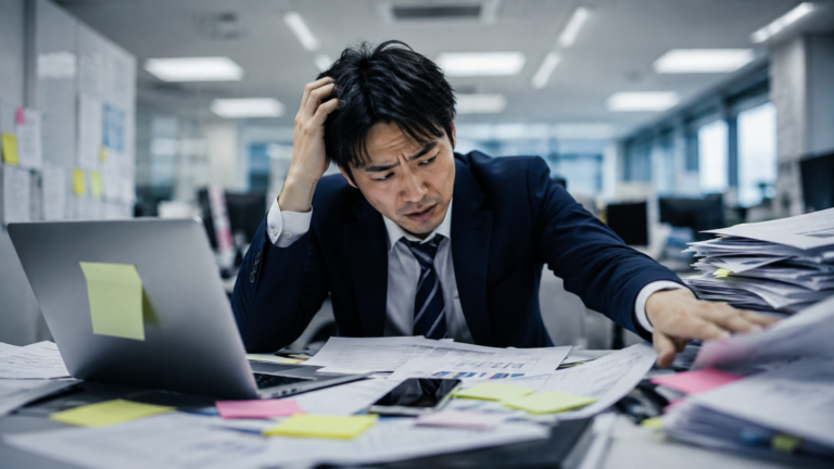 仕事が忙しすぎて、書類やタスクに追われながら頭を抱える会社員