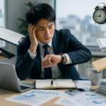 急な仕事や依頼が重なり、予定が崩れて腕時計を確認する会社員