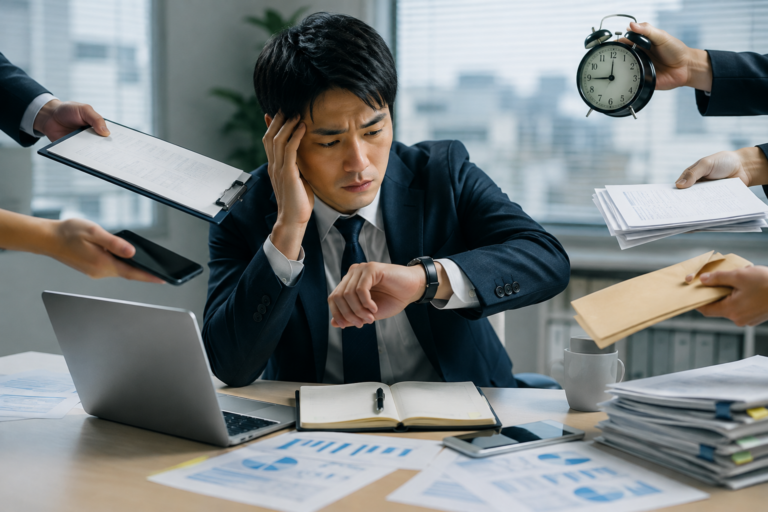 急な仕事や依頼が重なり、予定が崩れて腕時計を確認する会社員