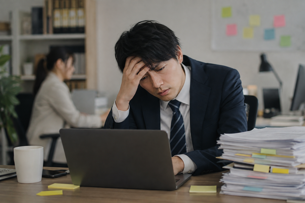 同じ仕事のミスを繰り返し、職場で頭を抱える会社員
