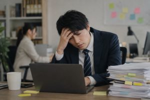 同じ仕事のミスを繰り返し、職場で頭を抱える会社員