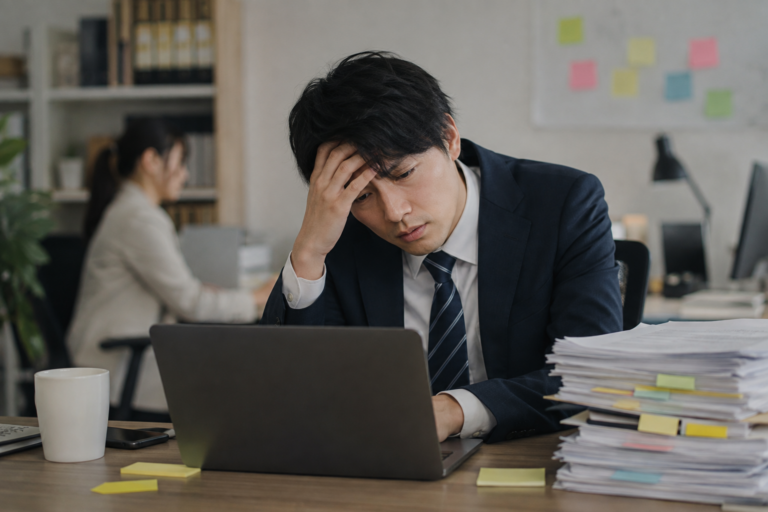 同じ仕事のミスを繰り返し、職場で頭を抱える会社員