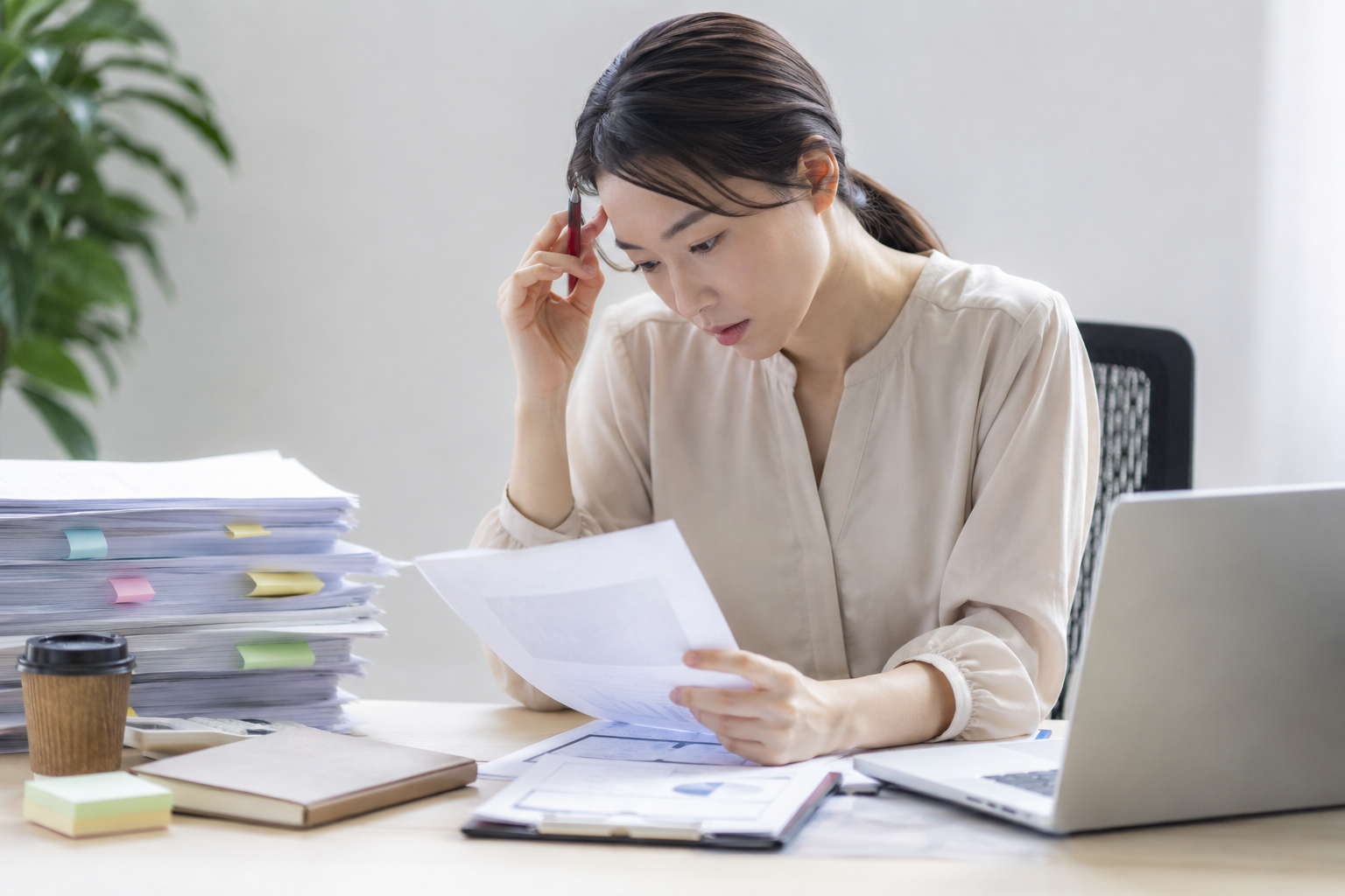 資料を何度も確認しながら仕事をする女性