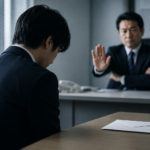 退職届を机に置き、受け取りを拒む上司の前でうつむく男性社員