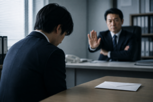 退職届を机に置き、受け取りを拒む上司の前でうつむく男性社員