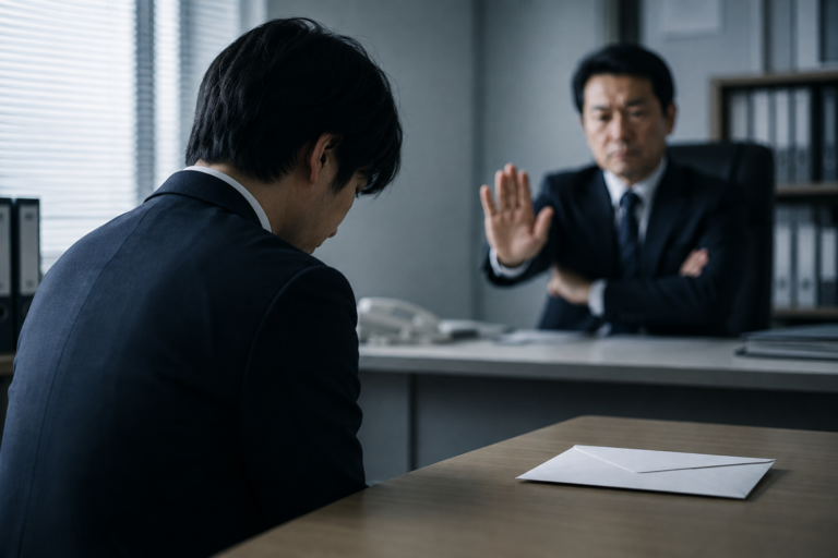 退職届を机に置き、受け取りを拒む上司の前でうつむく男性社員