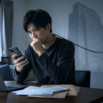 退職後の必要書類を前に、スマートフォンを見ながら前職への連絡をためらう男性。背後には会社の影と、首元から伸びる見えない拘束を象徴する紐が描かれている。