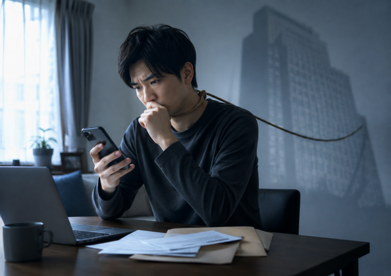 退職後の必要書類を前に、スマートフォンを見ながら前職への連絡をためらう男性。背後には会社の影と、首元から伸びる見えない拘束を象徴する紐が描かれている。