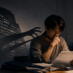 退職後も前職の影に縛られ、未払い残業代の資料を前に悩む男性