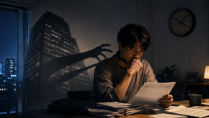 退職後も前職の影に縛られ、未払い残業代の資料を前に悩む男性