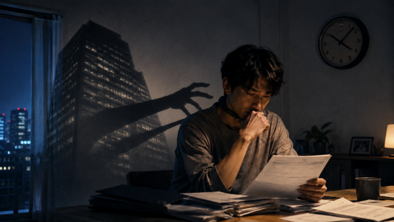 退職後も前職の影に縛られ、未払い残業代の資料を前に悩む男性