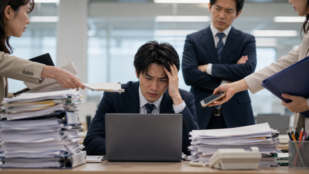 複数の仕事を同時に抱え、周囲から次々と依頼を受けて困っている会社員