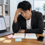 タスク管理表やノート、書類に囲まれ、仕事の管理に疲れているオフィスワーカー