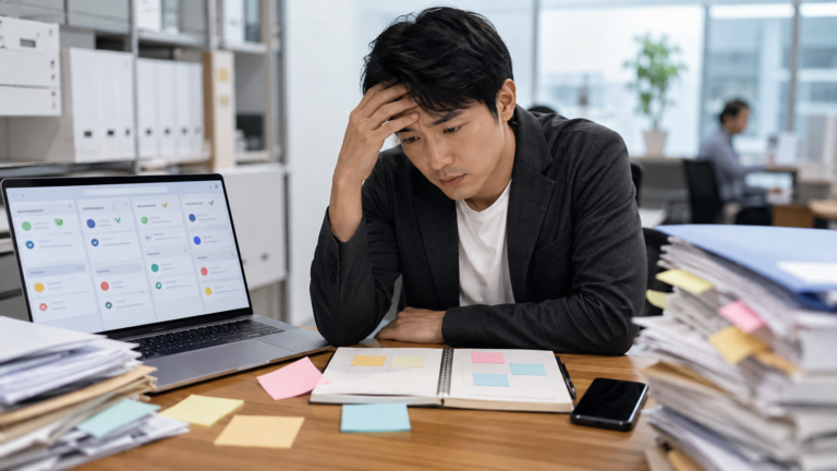 タスク管理表やノート、書類に囲まれ、仕事の管理に疲れているオフィスワーカー
