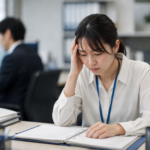 教わった仕事を覚えられず、マニュアルを見ながら悩む若手社員