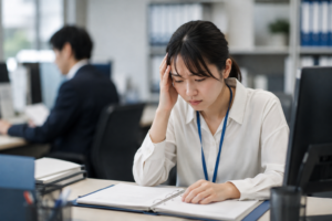教わった仕事を覚えられず、マニュアルを見ながら悩む若手社員