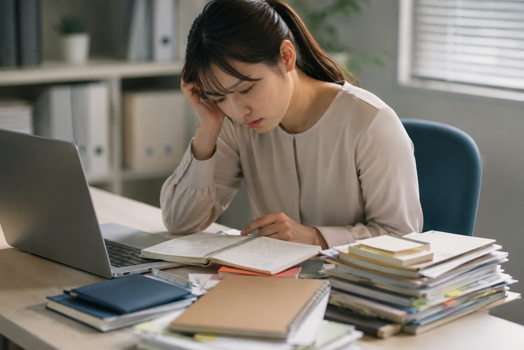 仕事のメモを見返しても必要な情報を選べず悩む若手社員