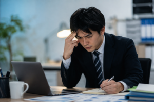 仕事のミスに気づき、報告する前に自分で対応しようと悩む会社員