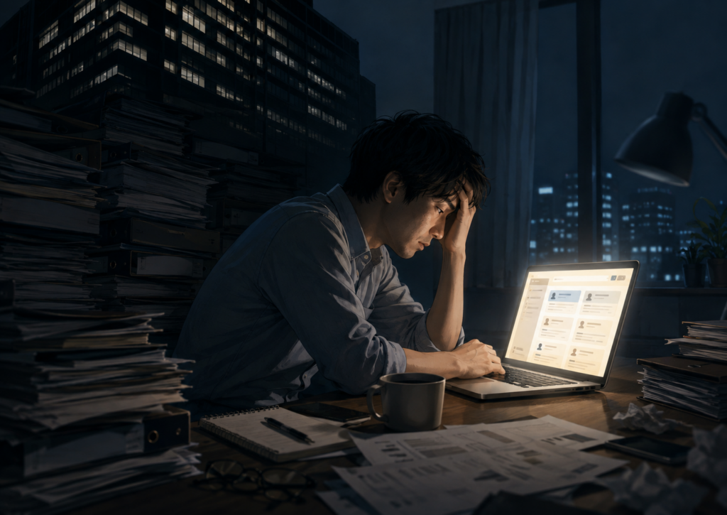 深夜、自宅の机で大量の仕事書類に囲まれ、転職サイトを開いたノートパソコンの前で疲れ切っている会社員