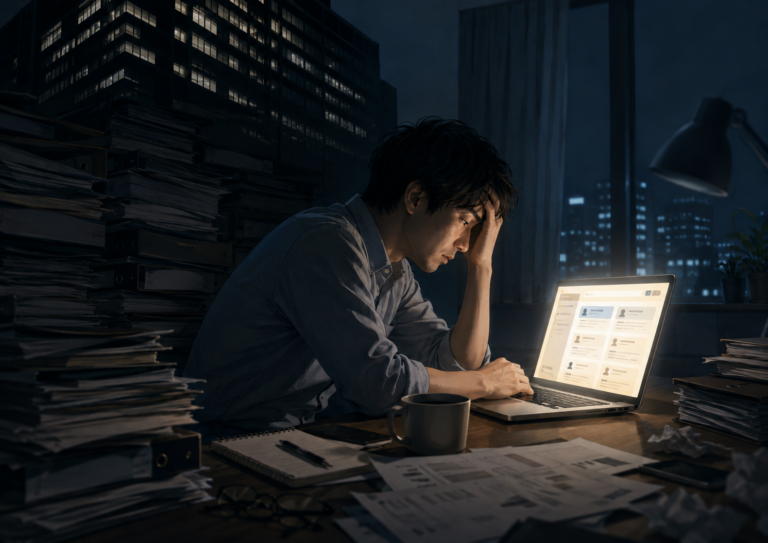 深夜、自宅の机で大量の仕事書類に囲まれ、転職サイトを開いたノートパソコンの前で疲れ切っている会社員