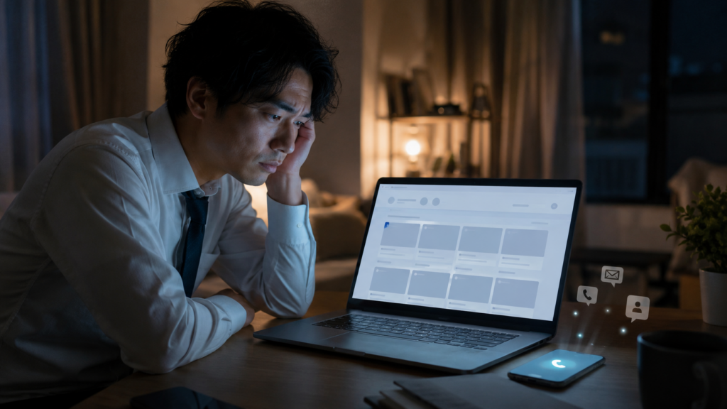 夜、自宅で求人サイトを開き、着信やメールの通知が光るスマートフォンを前に、登録後の連絡を負担に感じている会社員