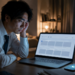夜、自宅で求人サイトを開き、着信やメールの通知が光るスマートフォンを前に、登録後の連絡を負担に感じている会社員
