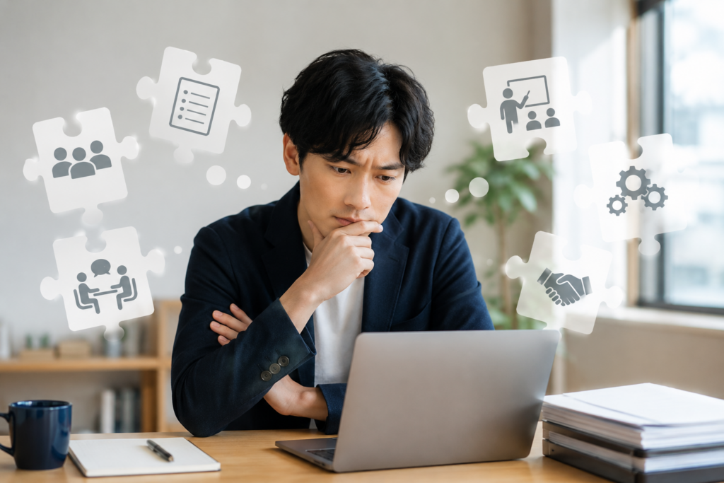 転職先の仕事内容や条件を表す複数の求人を前に、次に何をしたいか分からず悩む男性