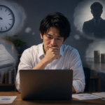 転職理由に会社への不満しか思い浮かばず、残業や評価、給料、上司への悩みを抱えながらパソコンの前で考え込む会社員