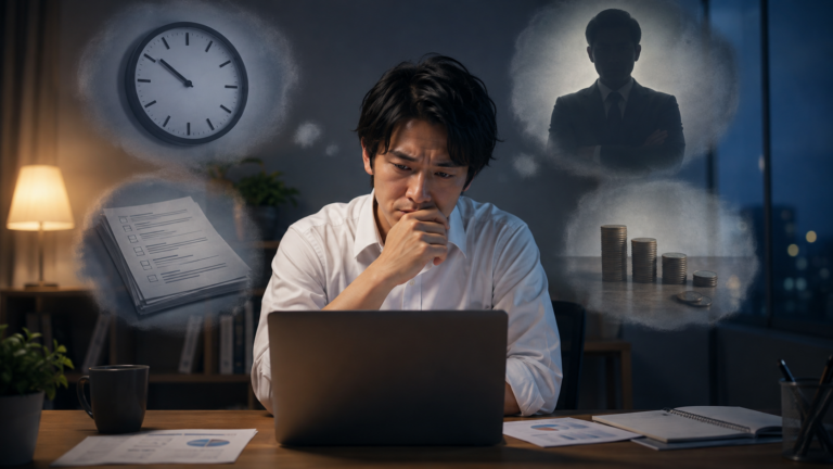 転職理由に会社への不満しか思い浮かばず、残業や評価、給料、上司への悩みを抱えながらパソコンの前で考え込む会社員