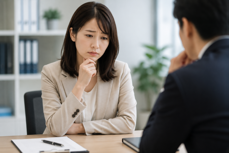 転職エージェントとの面談で、希望条件を言えずに悩む女性