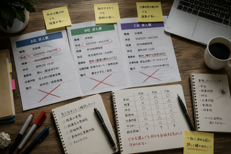 複数の求人票を比較し、条件の違いに迷って応募先を決められない様子