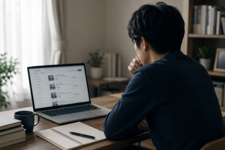 求人サイトを見ながら応募せずに考え込む男性