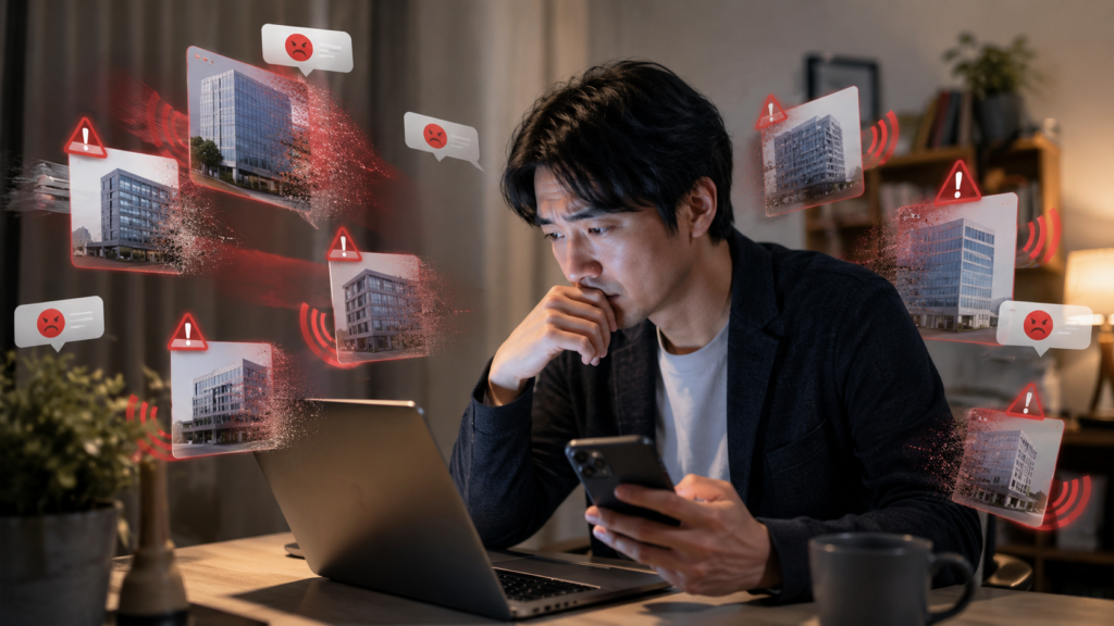転職口コミを調べるうちに、複数の会社が危険に見えて悩む男性