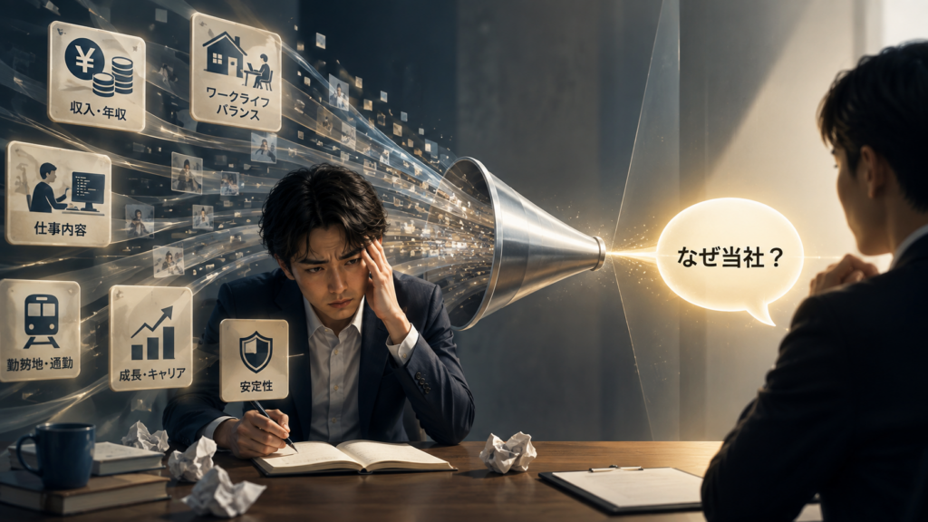 志望動機を書こうとして悩む転職希望者の前に、年収・仕事内容・勤務地・ワークライフバランス・成長・安定性などの条件が並び、対面の採用側から「なぜ当社？」と問われる様子を描いたイメージ。