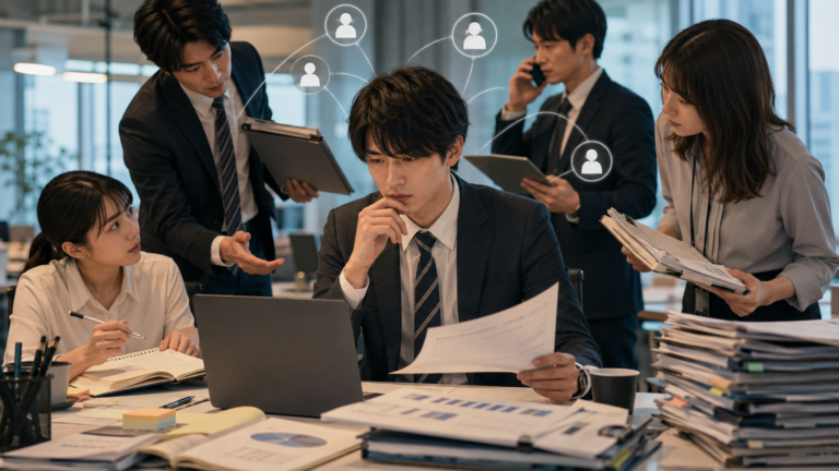 肩書きは変わらないまま、後輩指導や他部署との調整、案件管理など複数の役割を担う会社員のイメージ