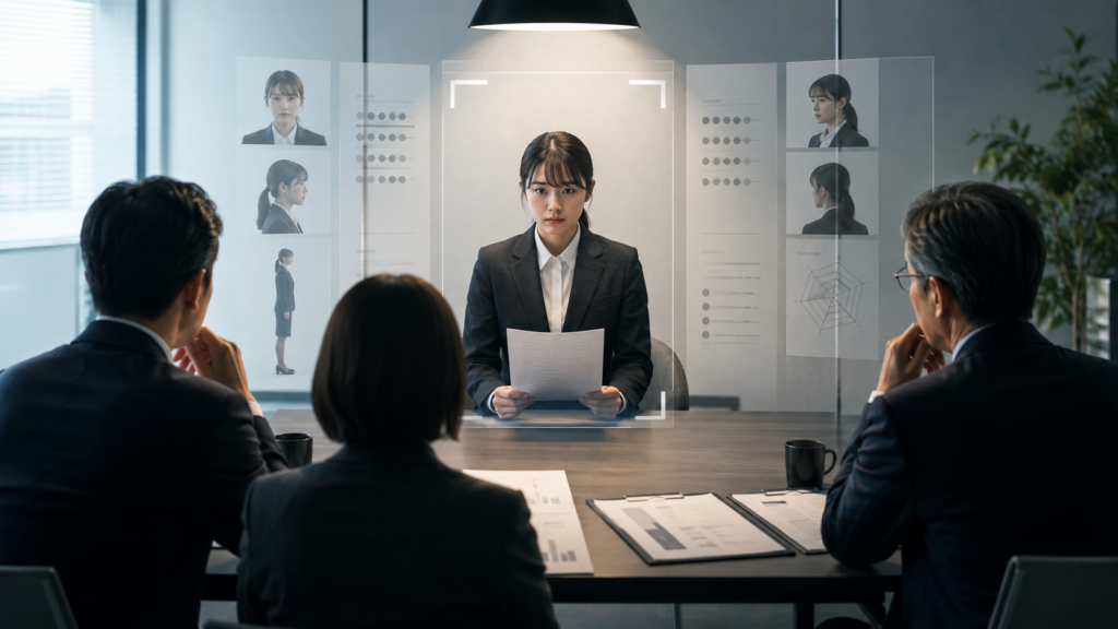 転職面接で、応募者が複数の面接官から経歴や印象を評価されている様子