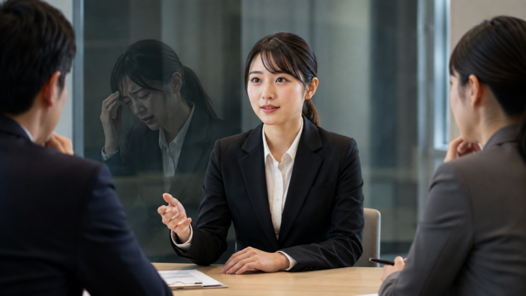 転職面接で、面接官に受かりそうな答えを話す応募者と、その裏で悩む本音の自分