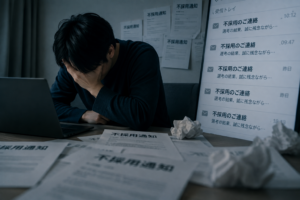転職で不採用が続き、応募を続ける気力を失ってパソコンの前で頭を抱える男性